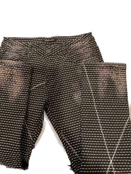 Size 34 EmbellishBlack and White Striped Distressed Moto Skinny Jeans